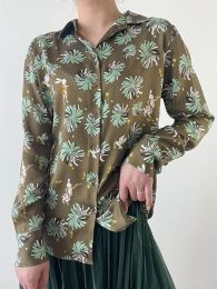 Artistic style green fireworks printed women's shirt Vintage sand washed silk stretch satin shirt