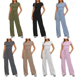 Women's Two Piece Pants Modern Women 2 Set Breathable Crop Top And Wide Leg Simple Short Sleeve High Waist Trousers With Pockets