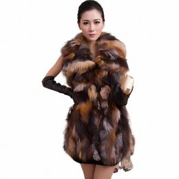 women Real Fox Fur Lg Vest Fi Ladies Winter Sleevel Belt Design Thick Clothes Large Size Racco Fur Leather JacketRea k4qu#