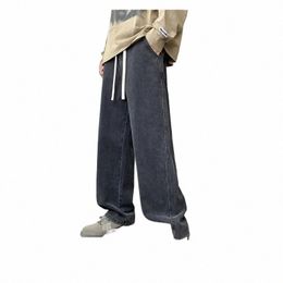 2023 New Korean Men's Casual Lg Jeans Classic Man Straight Denim Wide-leg Pants Solid Colour Light Blue Grey Black 3XL o5Fc#