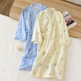 Home Clothing 2024 Leaves Printing Cotton Couples Knee-length Bathrobe For Men And Women Long Sleeve Robes Sweat Steaming Kimono Clothes