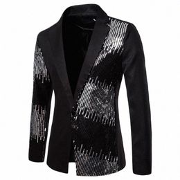 new style Shiny Black Sequin Glitter Suit Coats Men Slim Fit Single Butt Blazer Jacket Mens Party Stage Singer Blazer S-2XL G0gq#