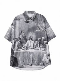 sycpman Oversized Shirts Mens Summer Painting PrintingCouples Casual Male Female Silk Vintage Clothing Butt Up b4ul#