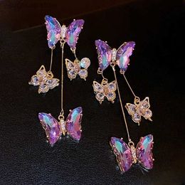 Charm Zircon Butterfly Tassel Earrings for Women New Fashion Luxury Temperament Purple Drop Earrings Sparkle Party Jewely Y240328