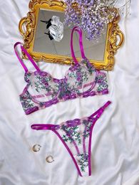 Bras Sets SexeLakas Fancy Lingerie Transparent Lace Embroidery Floral 2 Pieces Bra Set Sexy Underwear Fairy Womens See Through Intimate
