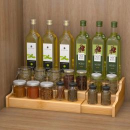 Racks 3 Tier Expandable Bamboo Spice Rack Seasoning Organiser for Cabinet Pantry Countertop Kitchen Step Shelf
