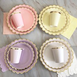 Cushion 40pcs/lot Gold Disposable Tableware Set Solid Color Party Paper Plates Cups Baby Shower Birthday Carnival Wedding Decor Supplies