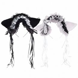 gothic Lolita Maid Women Girl's Ruffles Lace Headband Plush Cat Ears Ribb Bell Lolita Cosplay Hair Hoop D462#