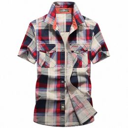 men Summer Short-sleeved Plaid Shirts Male Military Outdoor Shirts Multi-pockets Tooling Shirts High Quality Man Cott U6uo#