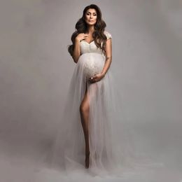 Slip Strap Lace Tulle Maternity Bodysuit Dress Pregnant Woman Tulle Pography Long Dress 240315