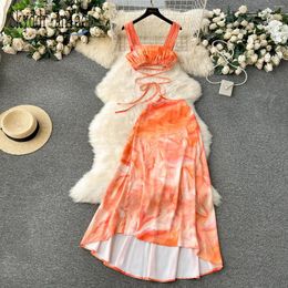 Work Dresses Beach Holiday Two Piece Set For Women Outfits Printed Sexy Strapless Cropped Tops And High Waist Long Skirt In Matching