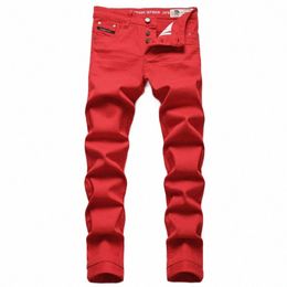 men's Jeans Red Simple Trend Stretch Slim Pants Mid-Waist Fi Embroidery Premium Brand Jeans Street Hip Hop Clothing 81aD#