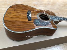 OEM custom high quality 41 inch KOA wood acoustic guitar + ebony fingerboard real abalone shell inlay +cutaway electric guitarra