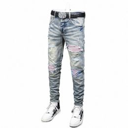 street Fi Men Jeans Retro Blue High Quality Stretch Skinny Fit Ripped Jeans Men Pink Patched Designer Hip Hop Brand Pants E220#