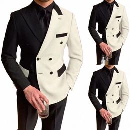 elegant Black White Men Suit Slim Fit Peak Lapel Double Breasted 2 Piece Formal Groom Wedding Tuxedos Blazer+Pants Costume Homme L8PJ#