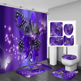 Home Purple Flower Butterfly Waterproof Print Shower Curtain 4 Piece Carpet Cover Toilet Bath Mat Pad Set Bathroom 240328