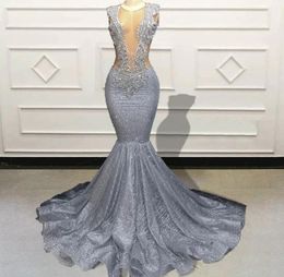 2024 Luxury Long Prom Dresses Sexy Mermaid Sparkl Grey Black Girls Crystals Evening Formal Gala Party Gowns Robe De Soiree Vestido