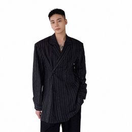 men Stripe Fold Butted Loose Casual Shirt Style Thin Suit Blazer Jacket Male Vintage Japan Korean Streetwear Fi Suit Coat I0PN#
