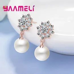 Stud Earrings For Women Female Shiny Crystal Flower&Pearl Earring 925 Sterling Silver Bijoux Jewelry Brincos Mujer