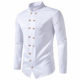 men's Shirt Retro Double Breasted Royal Style Stand Collar Lg Sleeve Solid Colour Slim Fit Formal Men's Top l9vX#