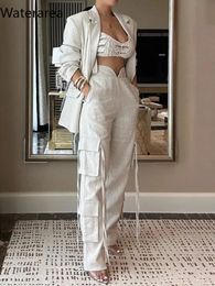 Waterarea Fashion Womens Set Long Sleeve Blazer Suit and Wide Leg Cargo Pants 2024 OL Workout Two 2 Piece Sets Outfit Tracksuit 240326