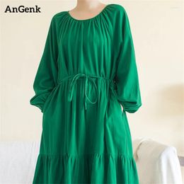 Casual Dresses Cotton Solid Colour Vintage For Women Spring Autumn Loose Long Vestidos Elegant Dress Office Lady Work Clothing