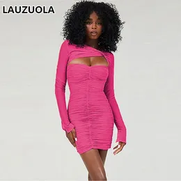 Casual Dresses Sexy Long Sleeve Cut Out See Through Mesh Ruched Mini Dress 2024 Autumn Winter Fashion Elegant Club Party Outfit