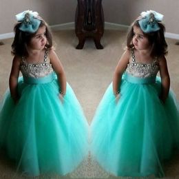 Cute Turquoise Green Flower Girls Dresses Spaghetti Birthday Gowns Straps Crystal Beaded Tulle Toddler Pageant Dresses For Girls266F