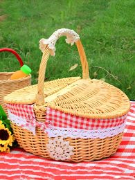 Handmade Wicker Picnic Basket Rattan with Handle Outdoor Camping Storage Hamper Bread Fruit Food Flower Orginazer 240318