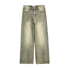 Men's Jeans Retro ultra segmented deconstructed mens wide denim jeans yellow mud dyed washed stimulating wide leg jeans cat whisker denim pants J240328