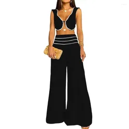 Women's Two Piece Pants 2Pcs/Set V Neck Sleeveless Women Crop Top Suit High Waist Wide Leg Striped Solid Colour Commute Summer Culottes Set