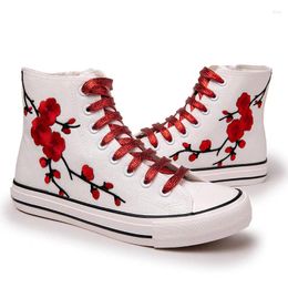 Casual Shoes Women Embroider Flower Canvas Short Boots Female Sneakers High Top Lace Up Zipper Open Students Plus Size 34-43