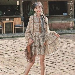 Casual Dresses Bohemian Style Retro Printed Flower Doll Dress Lantern Sleeve Tassel One-piece Short Mini Vacation For Women Vestido Mujer