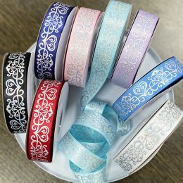 accessories 50Yards 25mm Hologram Silver Foil European Baroque Heart Damask YAMA Satin Ribbon Welcome Custom Printed