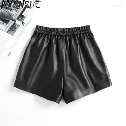 Women's Shorts Genuine AYUNSUE Leather For Women 2024 High Elastic Waist Real Sheepskin Pants Korean Fashion Wide Leg