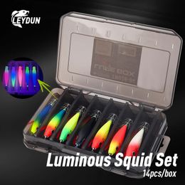 LEYDUN Luminous Horizontal Squid Jig Wood Shrimp Squid Hook 14pcs/Set Fishing Lures Octopus Cuttlefish Shrimp Saltwater Baits 240321