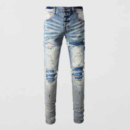 Men's Jeans Street Fashion Mens Jeans Retro Blue Elastic Tight Jeans Open Front Jeans Mens Button Flight Patch Designer Hip Hop Brand Pants J240328