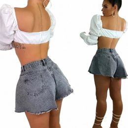 women Denim Shorts Summer Loose Style High Waist Streetwear Pantales Cortos Solid Cutting Edge Flared Shorts Fi Femme H381#