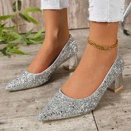 Dress Shoes 2024 Spring Autumn Fashion Large Heel Single Wearing Sequin Face Pointed Toe Comfortable Shallow Mouth For Women