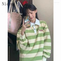 Women's T Shirts Polo Collar Striped Sweatshirt Women Tops Spring/Autumn Fashion Loose Causal Students Long Sleeve T-shirt Clothing