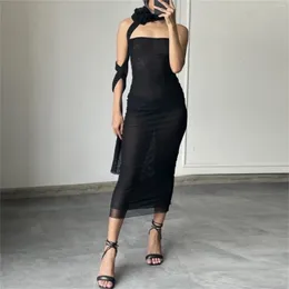 Casual Dresses 2024 Summer Mesh See Though Strapless Party Dress Women Black Sleeveless Midi Bodycon Elegant Sexy Club Fashion Outfits