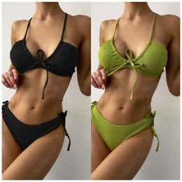 Sexy Shoulder Strap Lace up Small Pit Strip Bikini Swimsuit High Waist Triangle Hot Spring Split Swimsuit Female