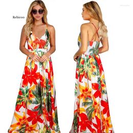 Casual Dresses Women Sling Floral Long Summer V-Neck Backless Floarl Print Party Beach Boho Maxi Dress Sexy Sundress Lady Vestido