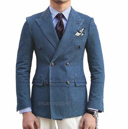 one Blazer Classic Denim Men Suit Coat Casual Party Fi Costumes 2023 Newest Tailor-made Slim Fit Double Breasted Jacket u0vT#