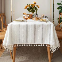 Pads Cotton Linen Vintage Rustic White Cutout Ornament Table Cloth with Tassel Rectangular TableCloth Tablecloth Cover Towel Decor