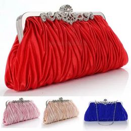 Women Lady Satin Crystal Bridal Handbag Clutch Party Wedding Purse Evening Bag Pleated Day Clutches Solid Ladies Handbags 240315