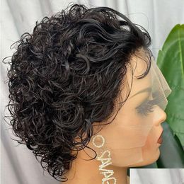 Lace Wigs Pixie Cut Short Bob Wig Human Hair For Women Curly Malaysia Remy 13X1 Drop Delivery Products Dhxcm