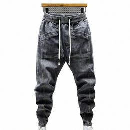 spring Autumn Men Jeans Elastic Drawstring Waist Pockets Design Denim Pants Solid Colour Casual Cargo Harem Trousers T7fv#