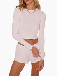 Home Clothing Women S Solid Colour 2 Piece Outfits Round Neck Long Sleeve Showing Navel Crop Tops Elastic Waist Shorts Lounge Set