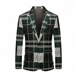 shenrun Men Blazers Green Cott Youth Fi Jackets Cheque Casual Blazer Slim Fit Costumes Singer Host Party Prom Suit Jacket e0h9#